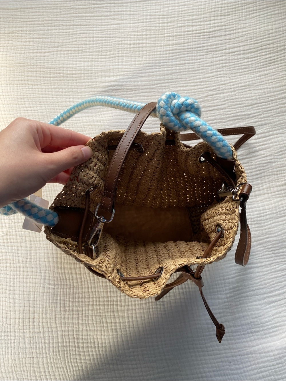 Woven Raffia Drawstring Crossbody Bag with Blue Rope Handle - Picture 4 of 8
